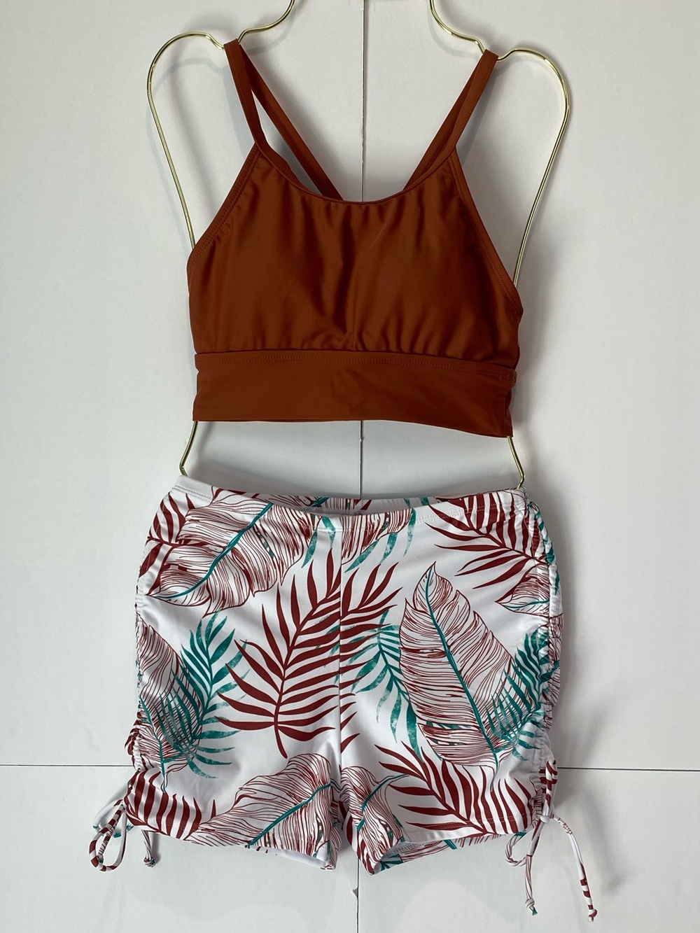 NWOT Tropical Leaf Tankini Swimsuit Set XS Brown & White Modest Swimwear